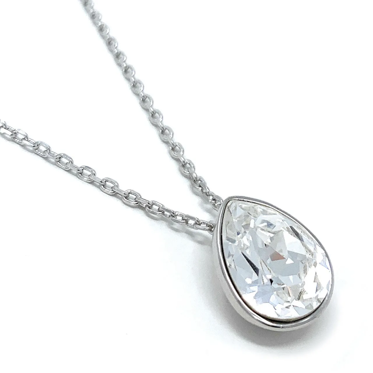 Mary Pendant Necklace with White Clear Drop Crystals from Swarovski Silver Toned Rhodium Plated