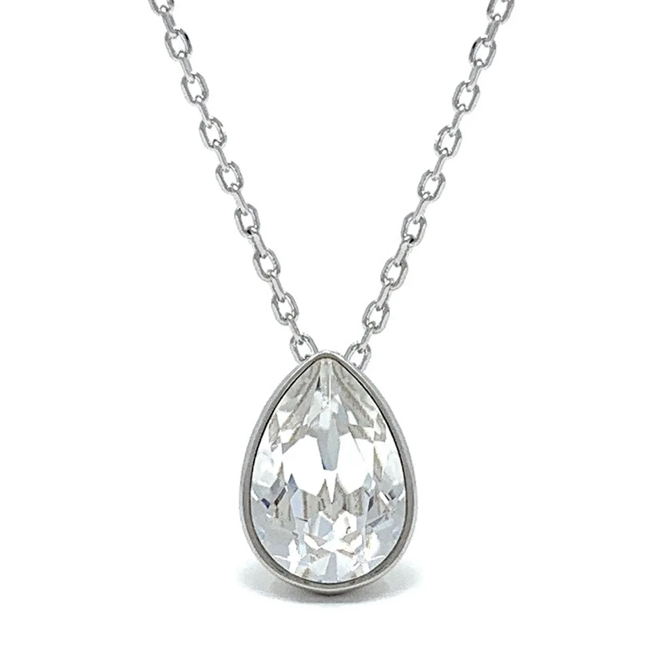 Mary Pendant Necklace with White Clear Drop Crystals from Swarovski Silver Toned Rhodium Plated