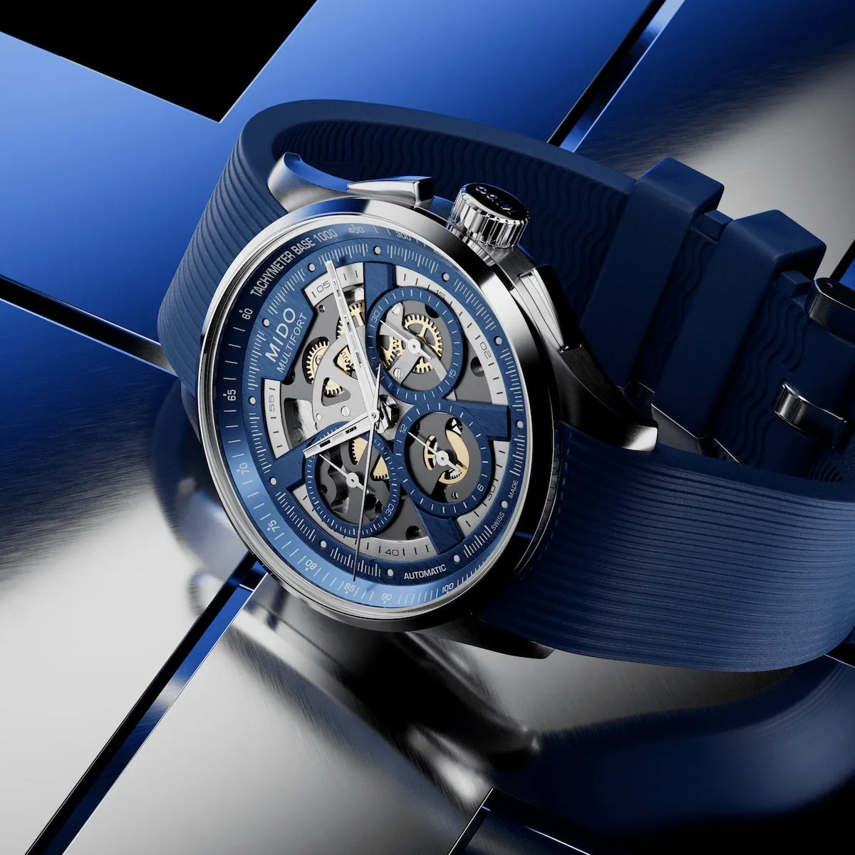 Mido Multifort Skeleton Chronograph on Blue Rubber