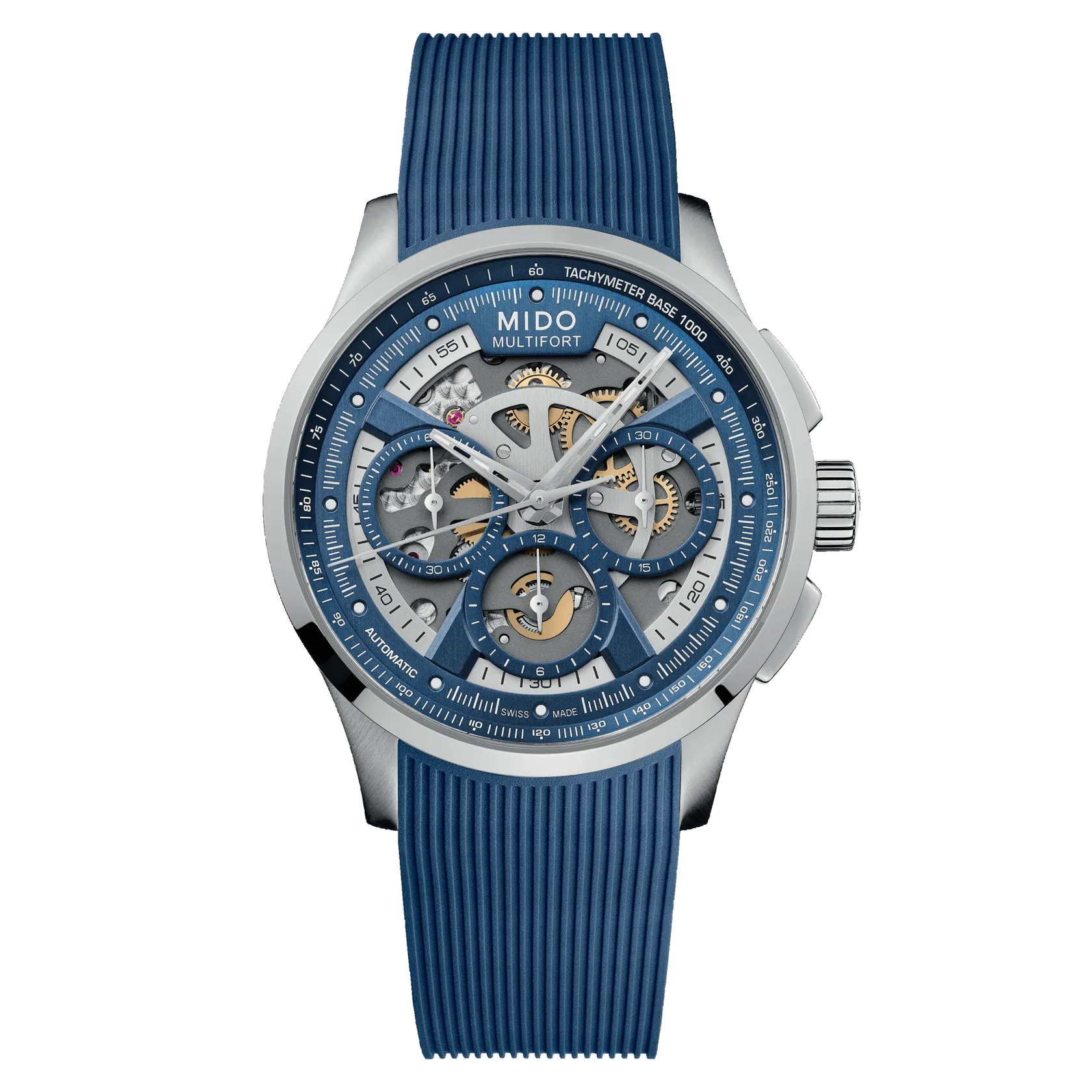 Mido Multifort Skeleton Chronograph on Blue Rubber