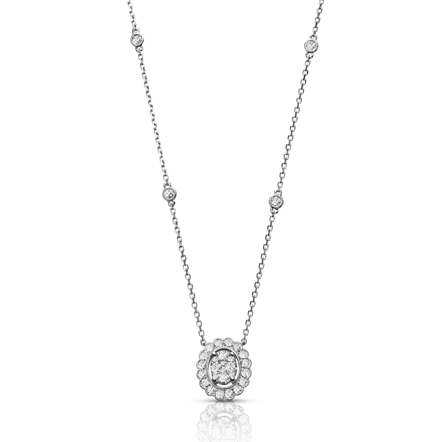 Milgrain 0.50 ctw Diamond Oval Halo Cluster Necklace Pendant