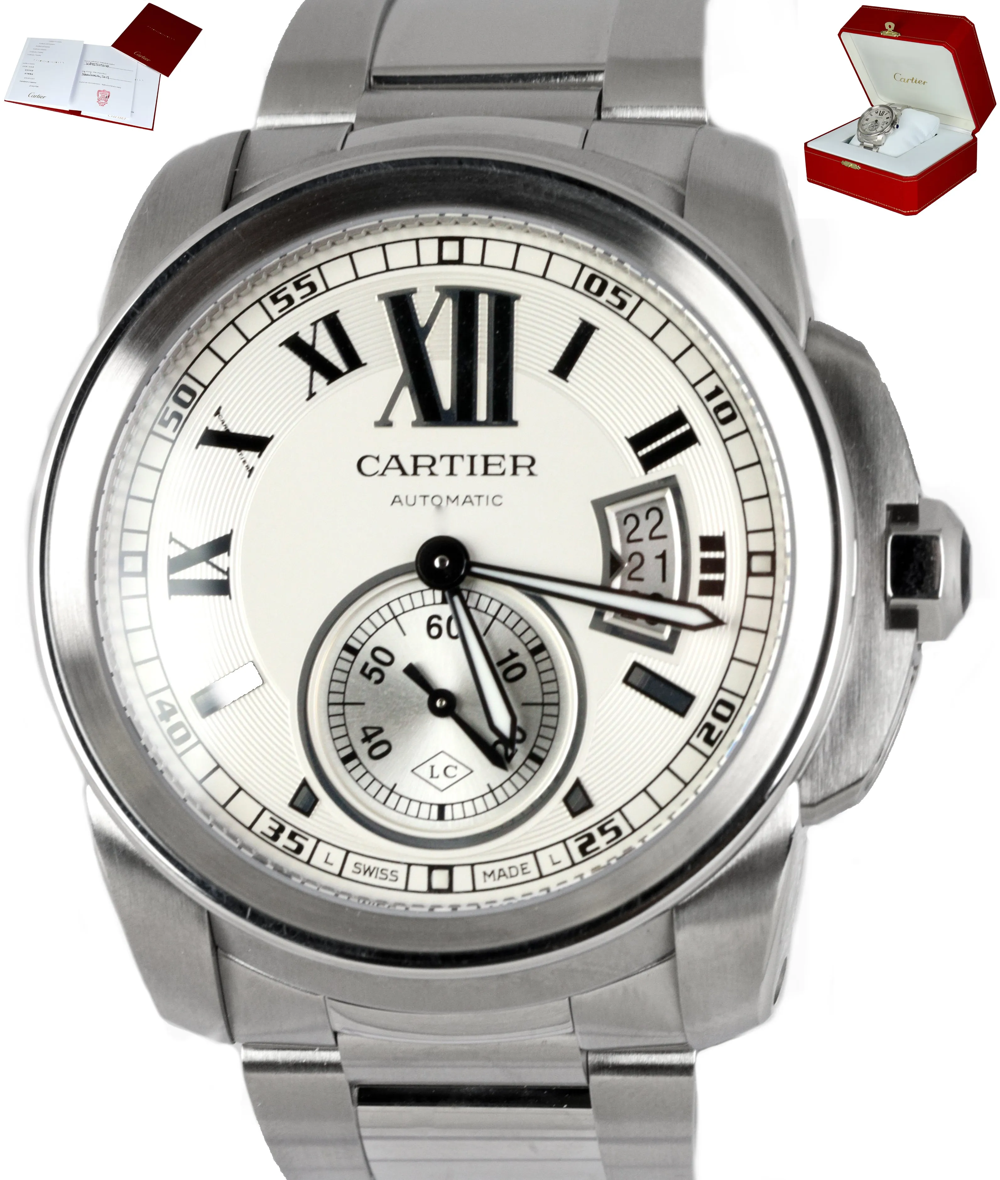 MINT 2017 Cartier Calibre W7100015 Silver Roman 42mm Stainless Date 3389 Watch