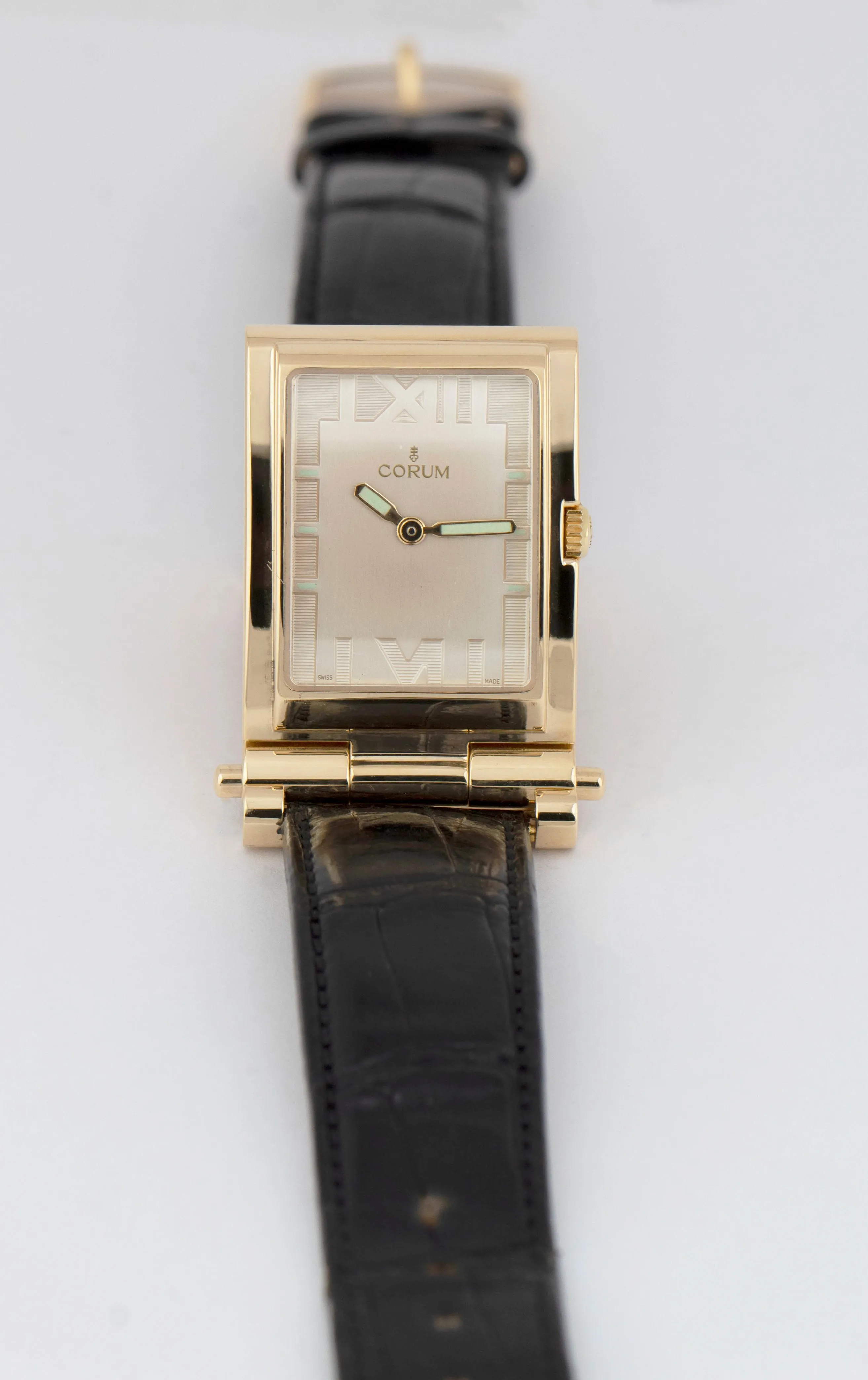 MINT Corum Tabogan 18K Yellow Gold Quartz Silver Dial 64.151.56 Flip-Up Watch