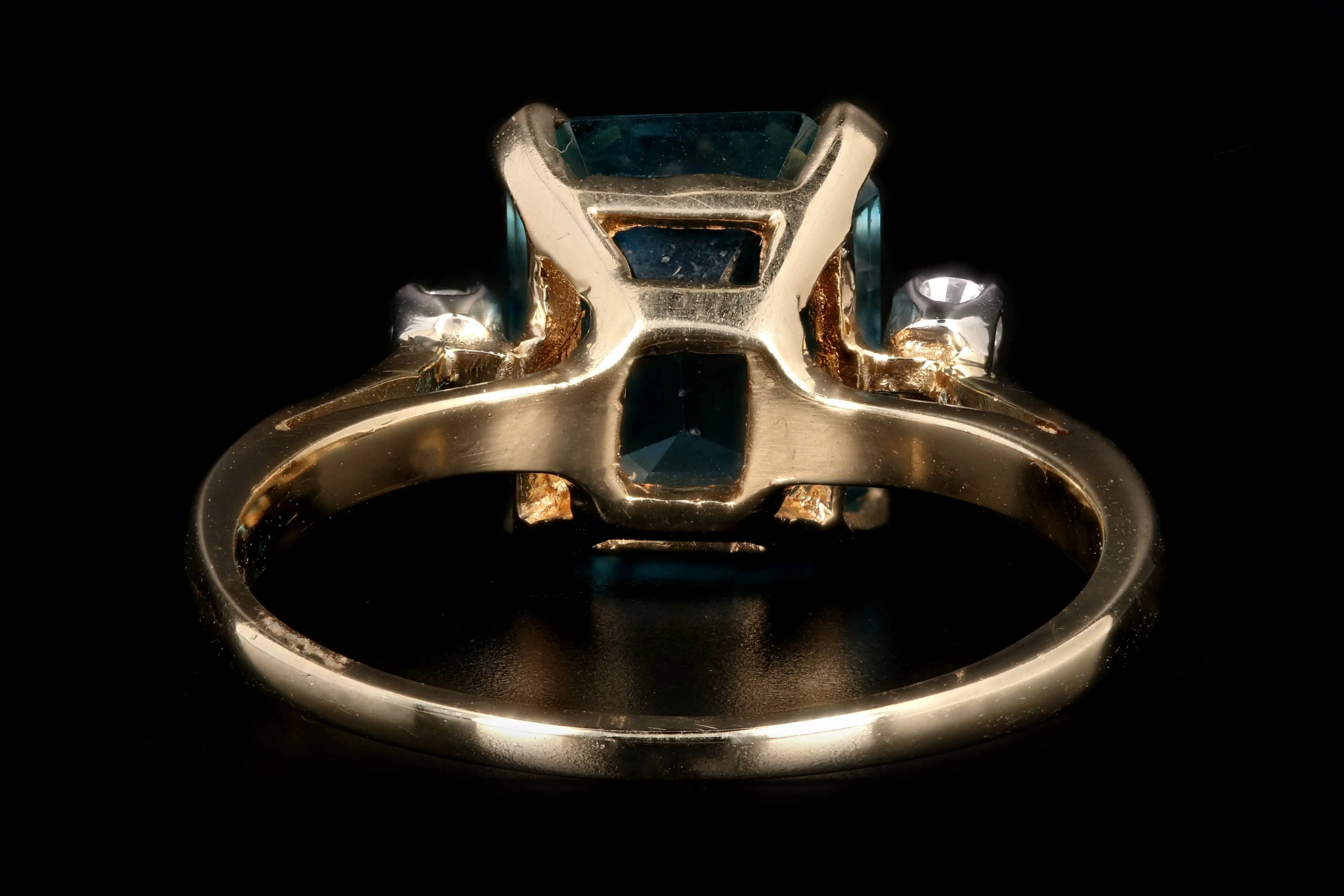 Modern 14K Yellow Gold 5 CT Emerald Cut Blue Zircon and Diamond Ring