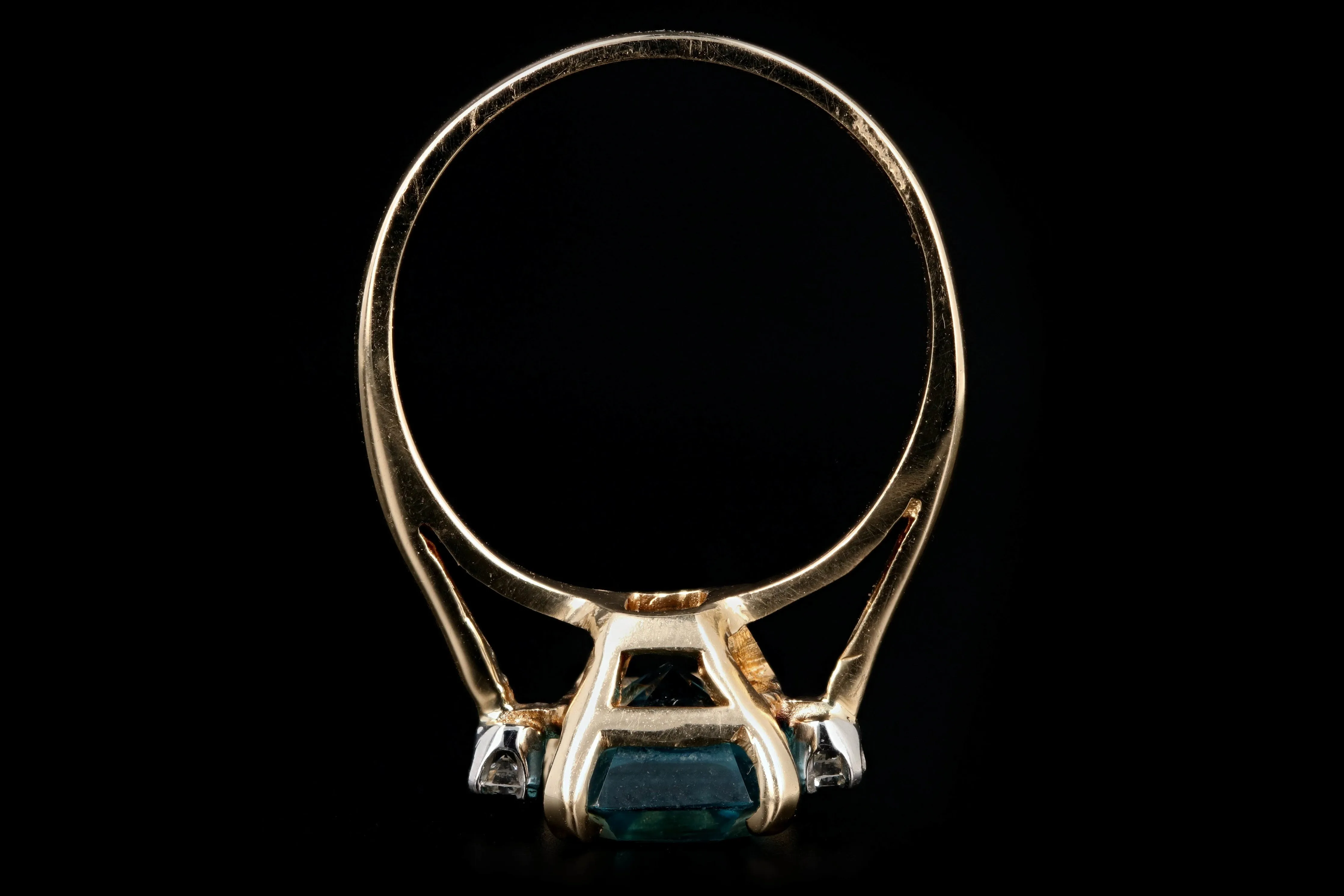 Modern 14K Yellow Gold 5 CT Emerald Cut Blue Zircon and Diamond Ring