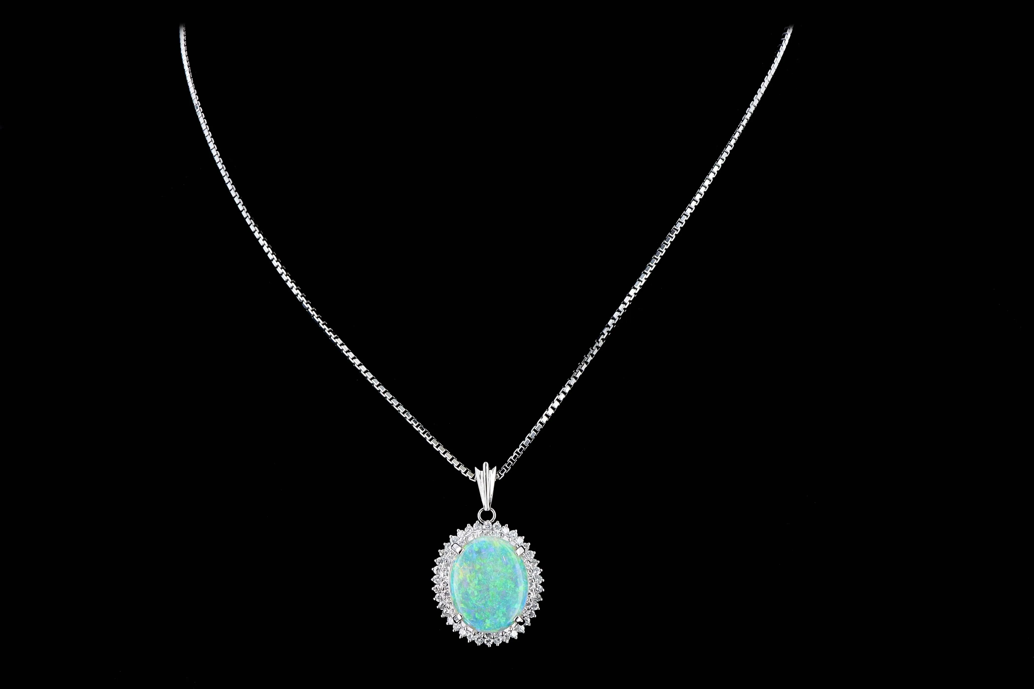 Modern Platinum 3.45 Carat Opal & Diamond Pendant Necklace