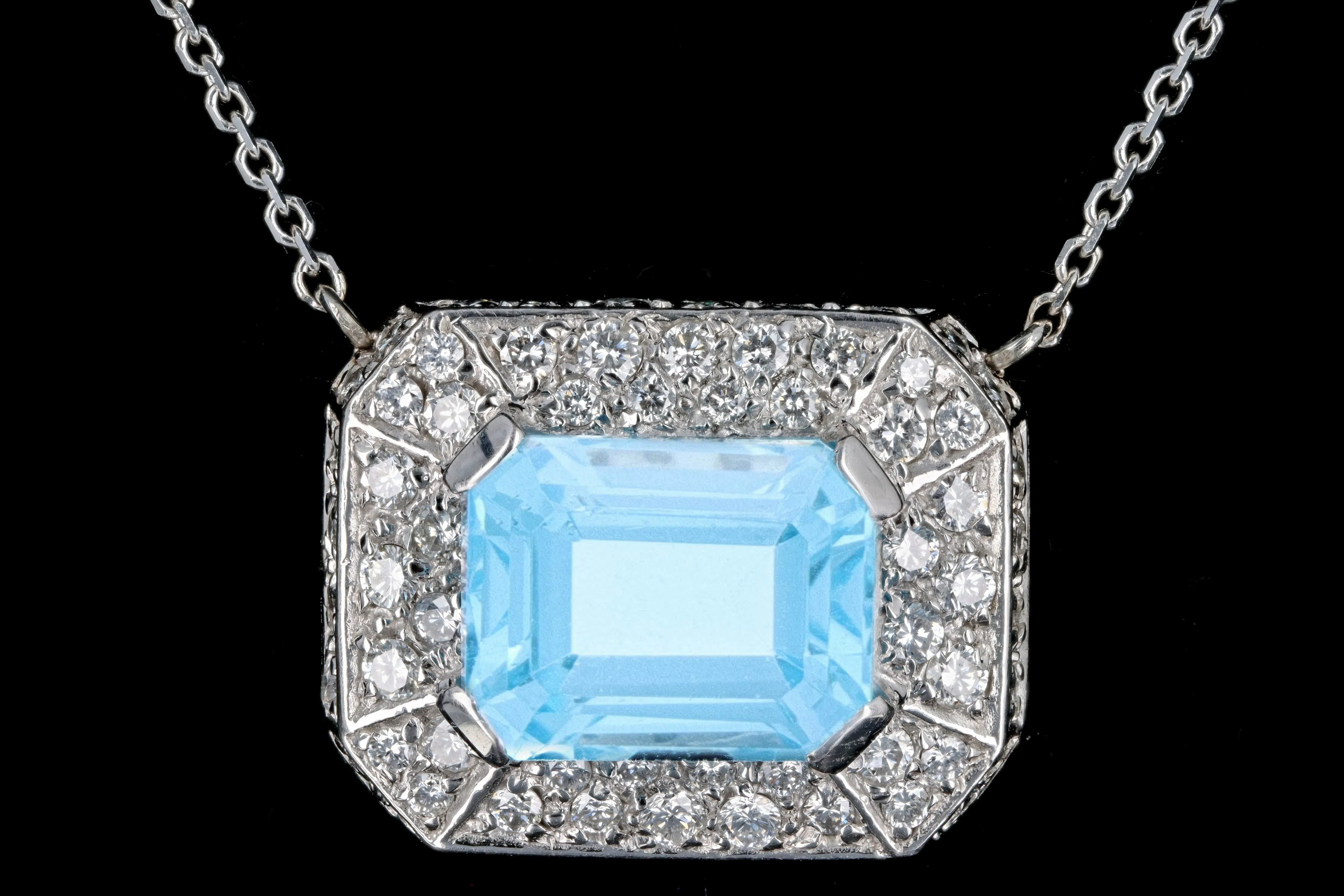 Modern Platinum & 14K White Gold 4.20 Carat Emerald Cut Blue Topaz & Diamond Necklace