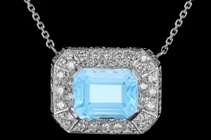 Modern Platinum & 14K White Gold 4.20 Carat Emerald Cut Blue Topaz & Diamond Necklace