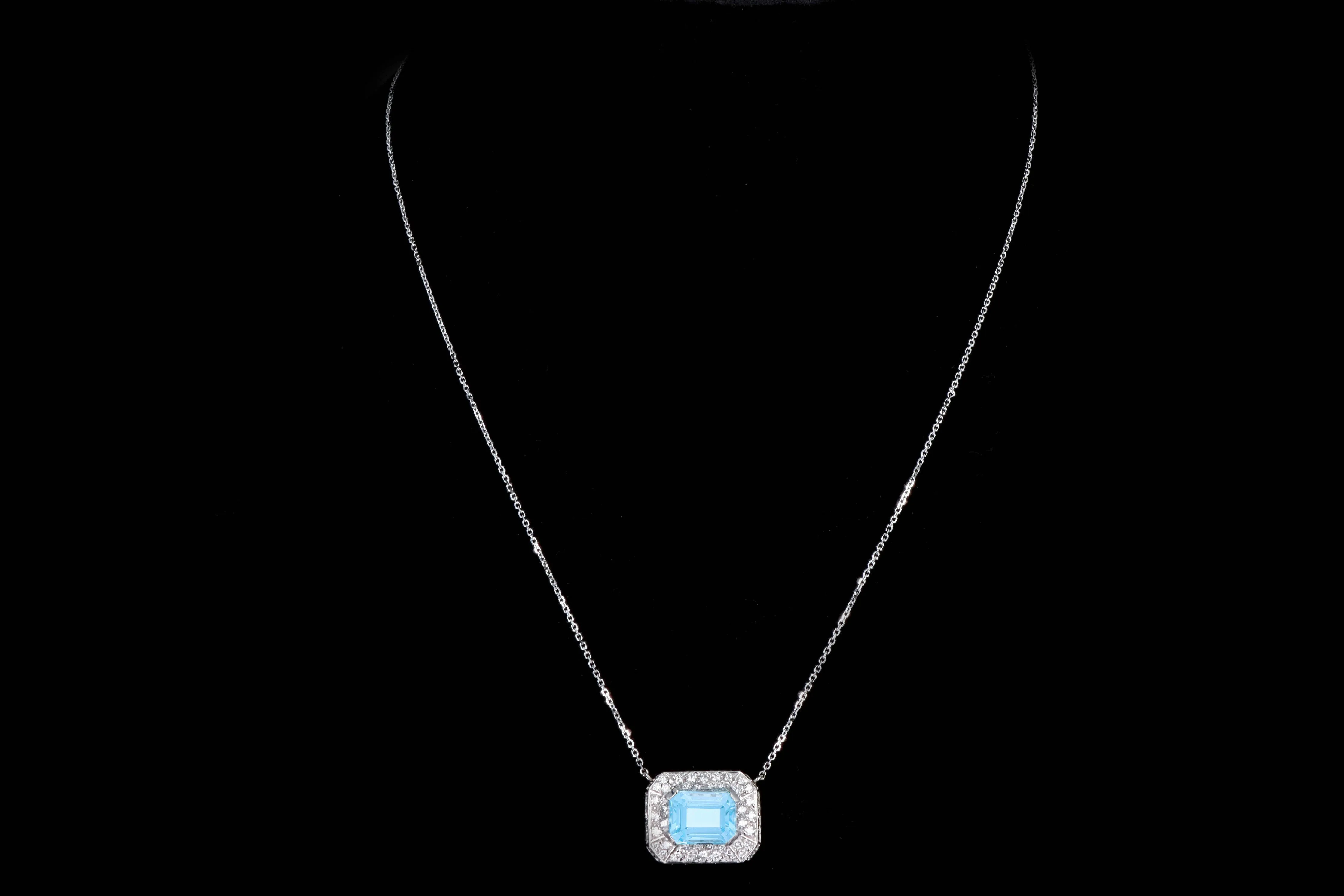 Modern Platinum & 14K White Gold 4.20 Carat Emerald Cut Blue Topaz & Diamond Necklace
