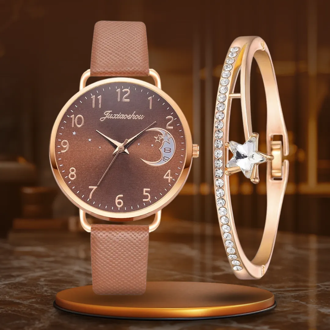 Moon Numbers Dial Watch and Bracelets Set