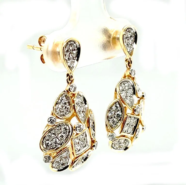 Mosaic Diamond Pave Drop Earrings in Yellow Gold, 1.26 Carats Total