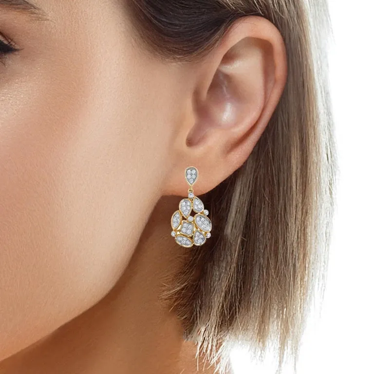 Mosaic Diamond Pave Drop Earrings in Yellow Gold, 1.26 Carats Total