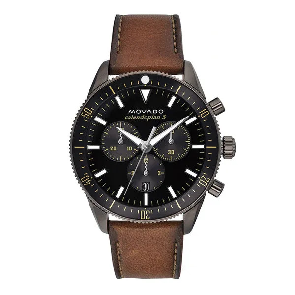 Movado Heritage Brown Leather Black Dial Chronograph Quartz Watch for Gents - 3650060