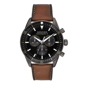 Movado Heritage Brown Leather Black Dial Chronograph Quartz Watch for Gents - 3650060