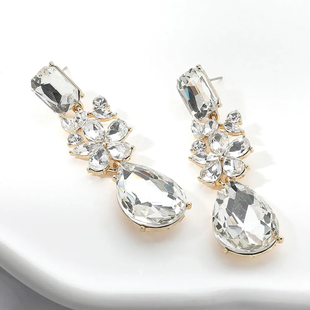 Multi Shaped Stone Clear Pageant Drop Earrings on Gold | Clear Prom Earrings |  652852