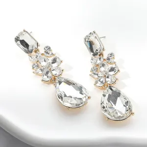 Multi Shaped Stone Clear Pageant Drop Earrings on Gold | Clear Prom Earrings |  652852