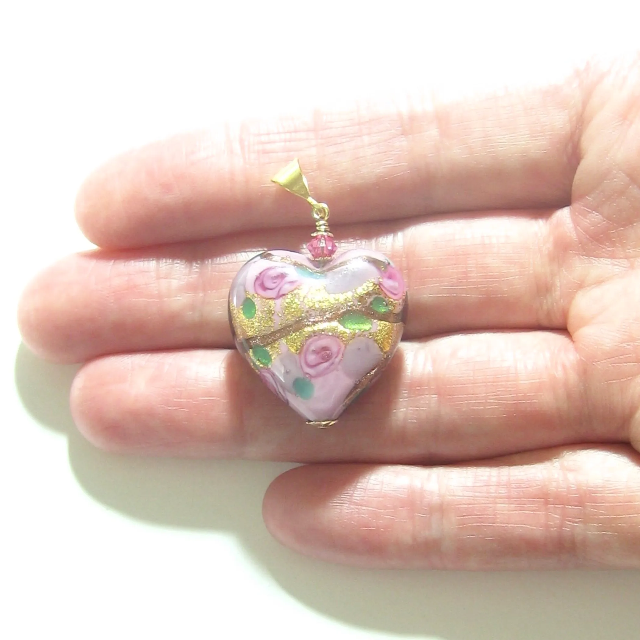 Murano Glass Pink Lilac Rose Heart Gold Pendant By JKC Murano