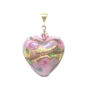 Murano Glass Pink Lilac Rose Heart Gold Pendant By JKC Murano