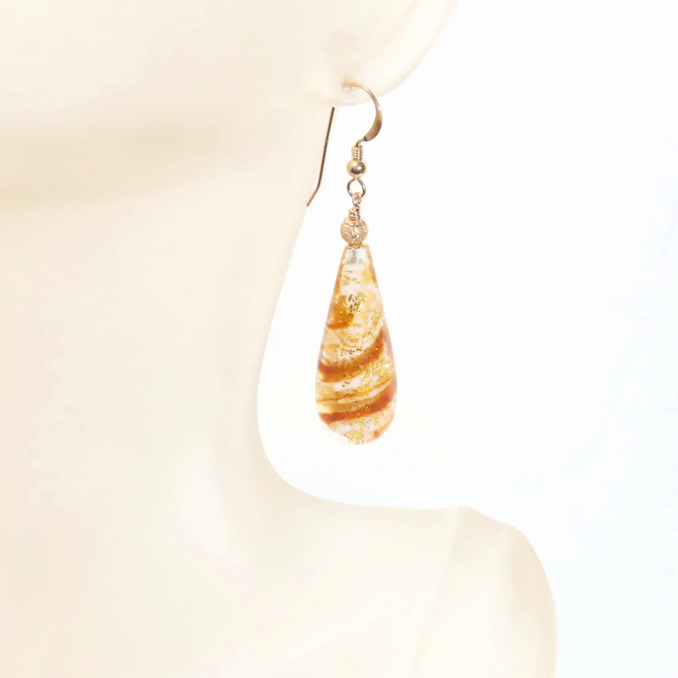Murano Glass Topaz Swirl Teardrop Long Gold Earrings