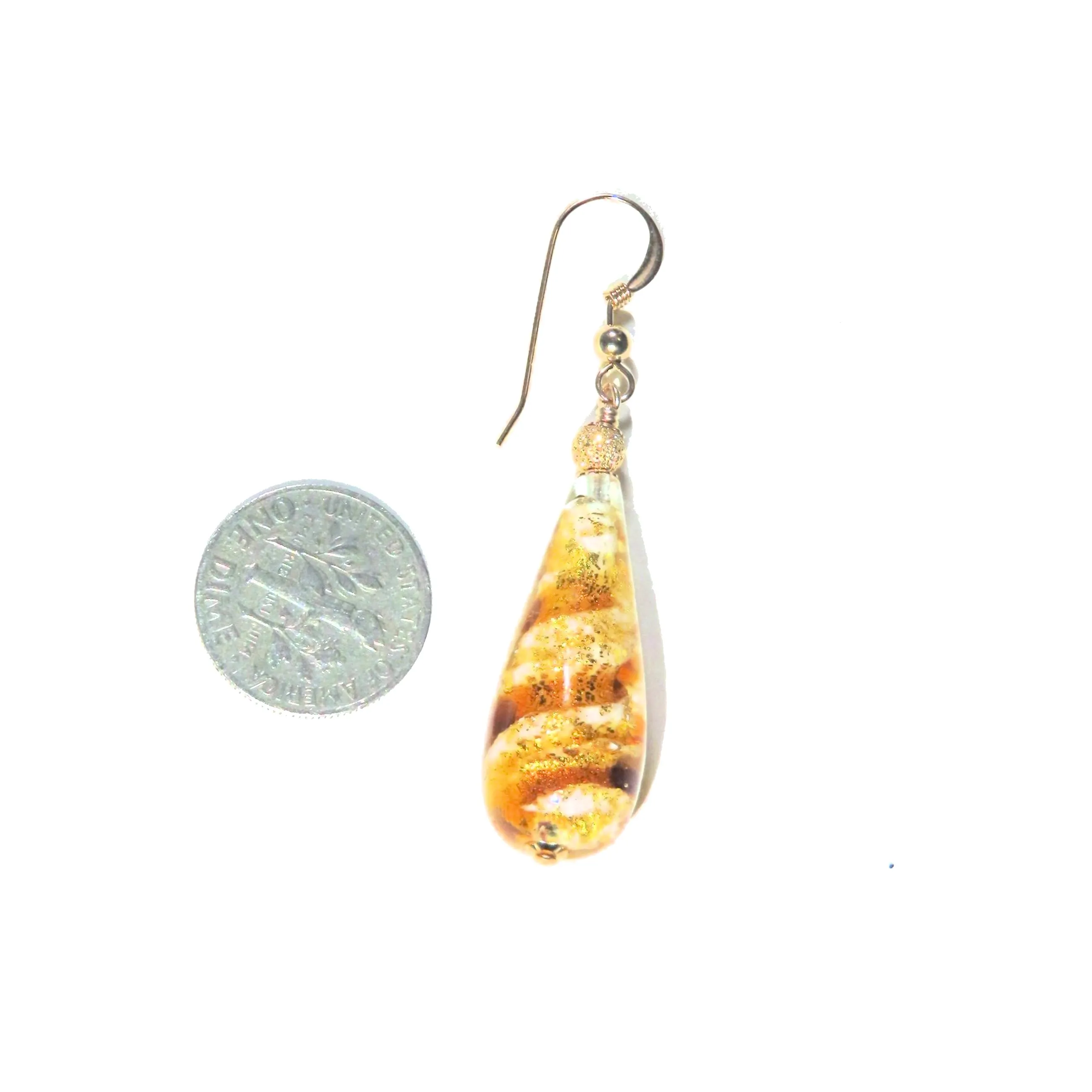 Murano Glass Topaz Swirl Teardrop Long Gold Earrings
