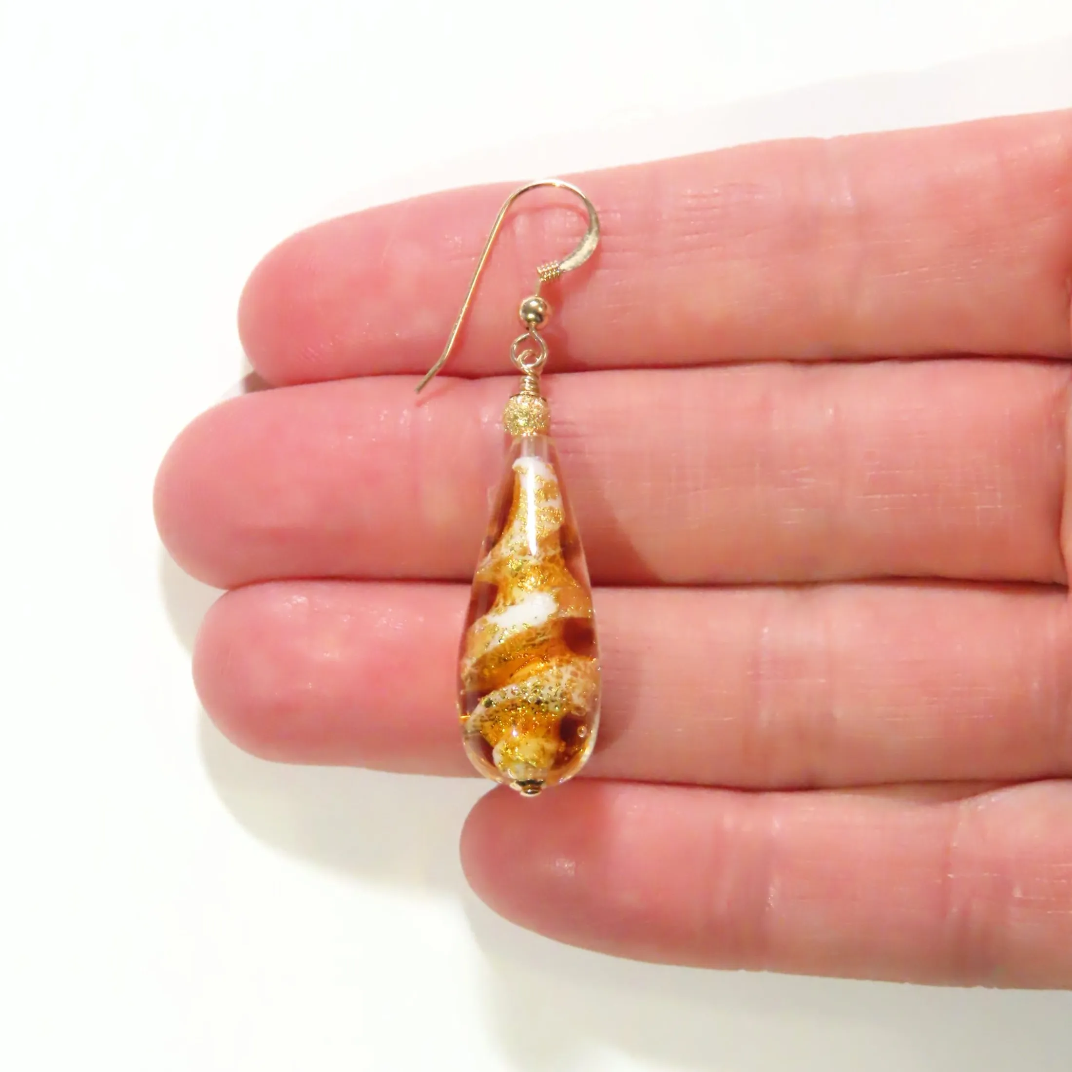 Murano Glass Topaz Swirl Teardrop Long Gold Earrings