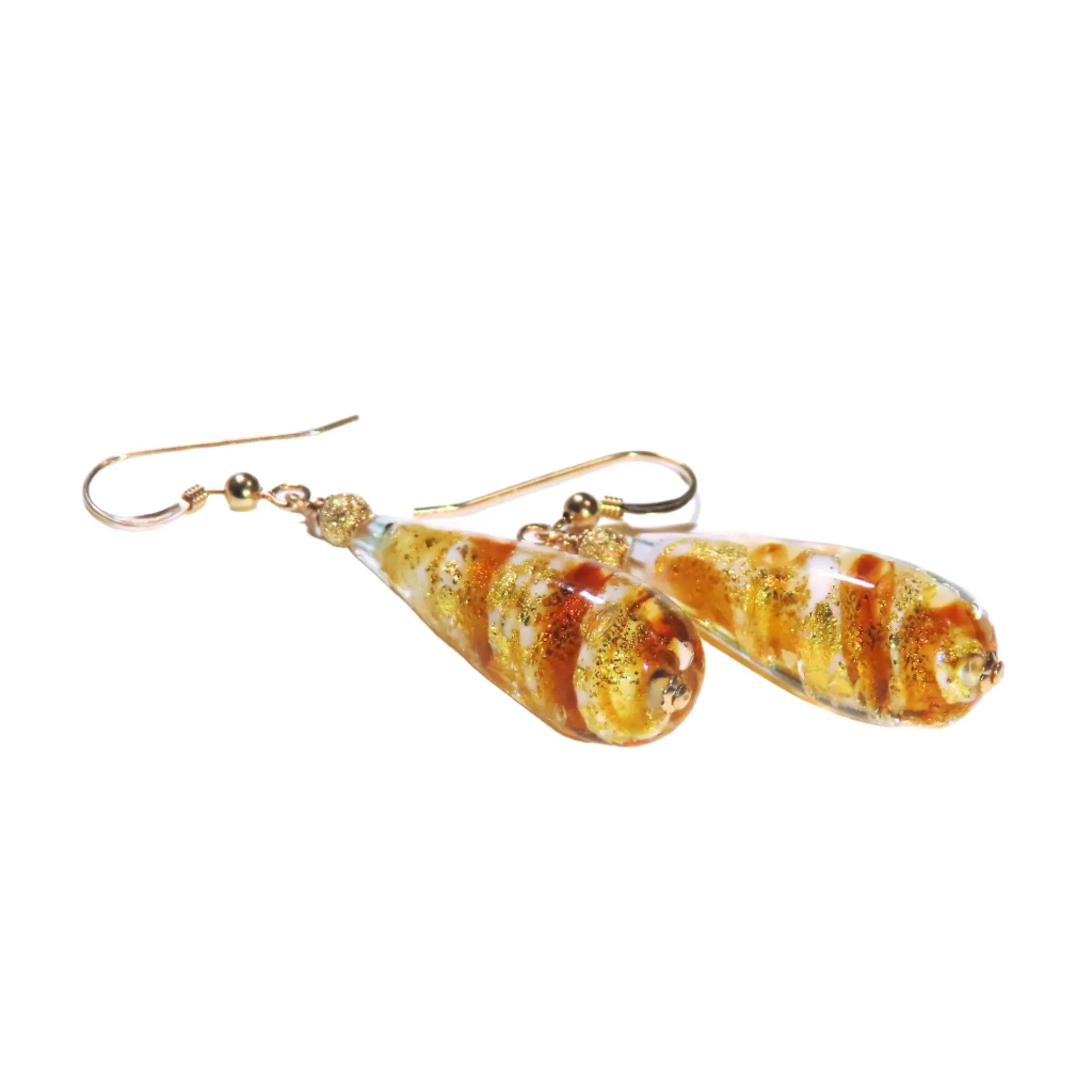 Murano Glass Topaz Swirl Teardrop Long Gold Earrings