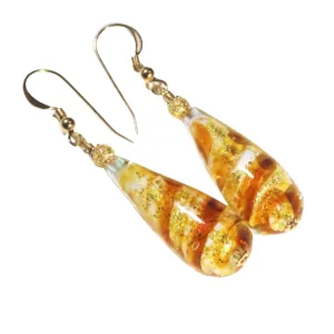 Murano Glass Topaz Swirl Teardrop Long Gold Earrings