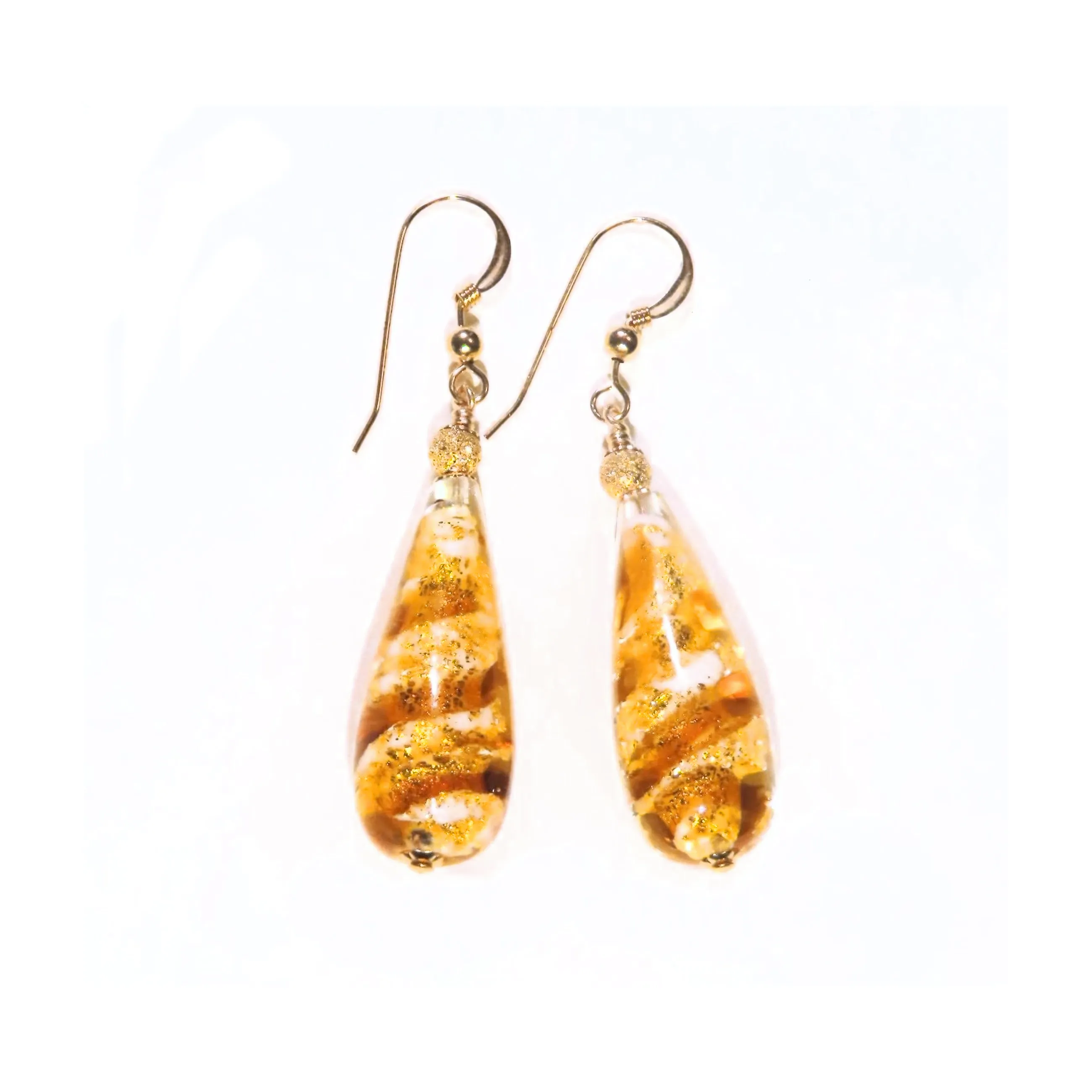 Murano Glass Topaz Swirl Teardrop Long Gold Earrings