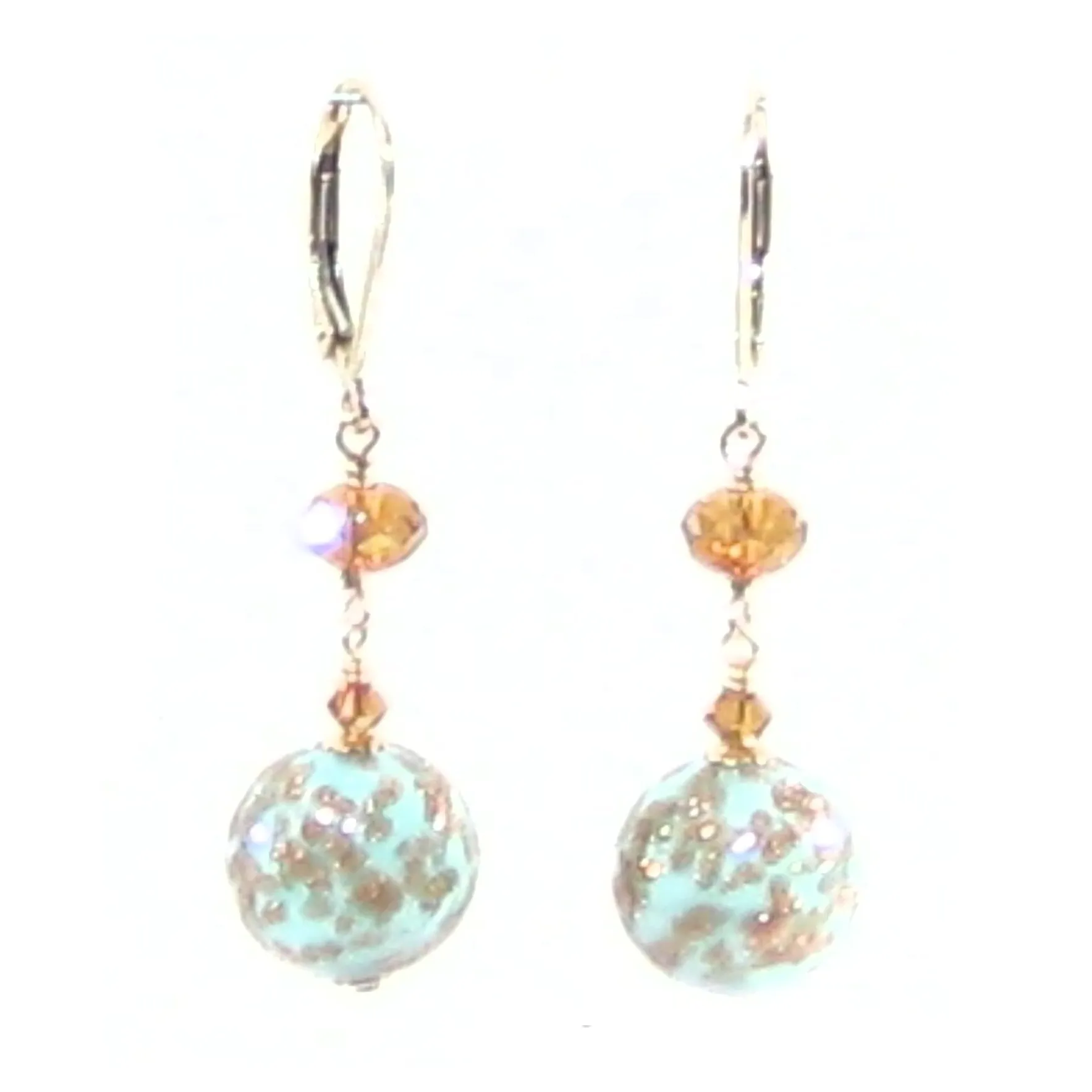 Murano Glass Turquoise Ball Gold Earrings, Venetian Jewelry