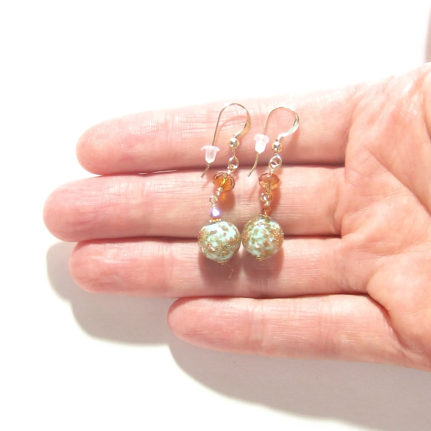 Murano Glass Turquoise Ball Gold Earrings, Venetian Jewelry