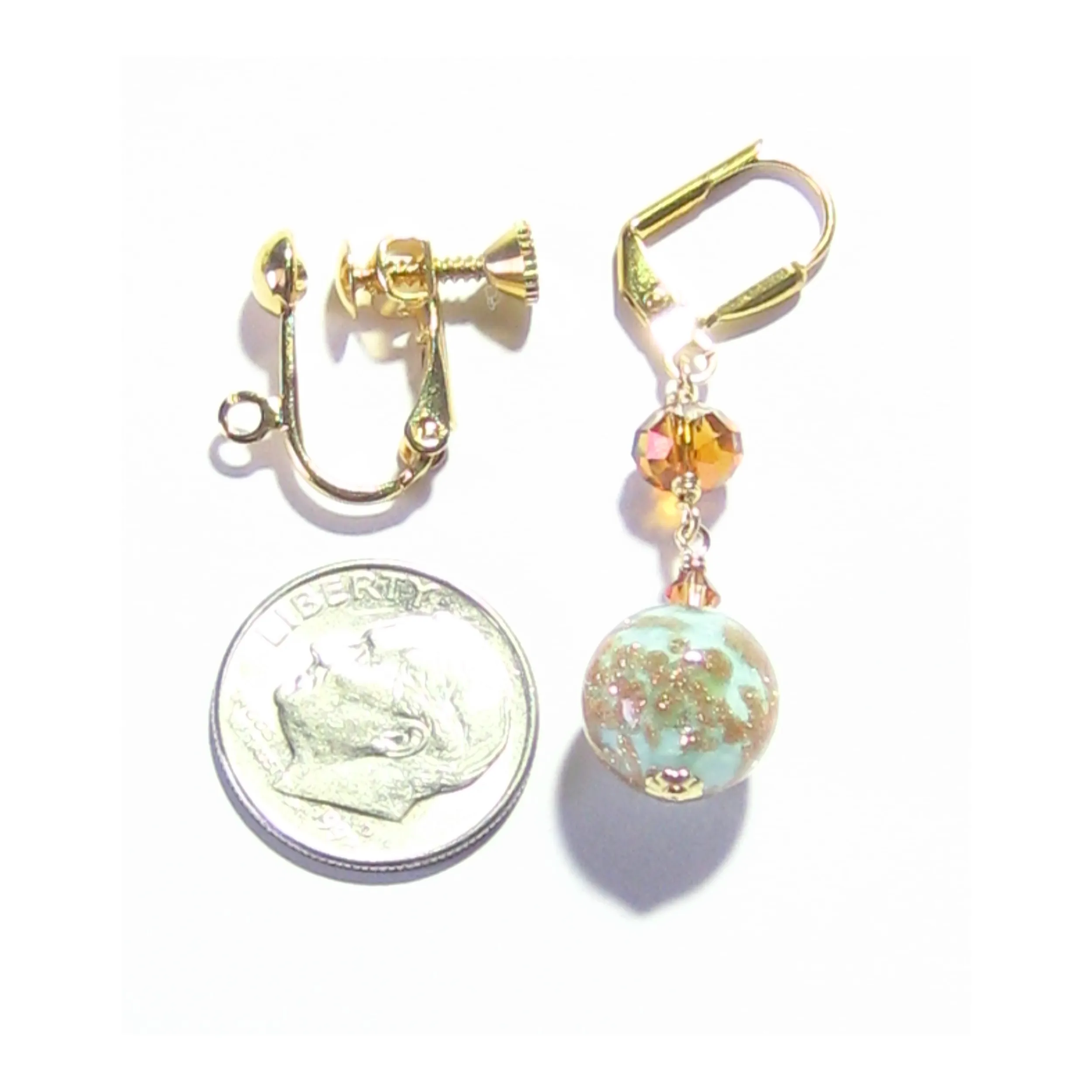 Murano Glass Turquoise Ball Gold Earrings, Venetian Jewelry