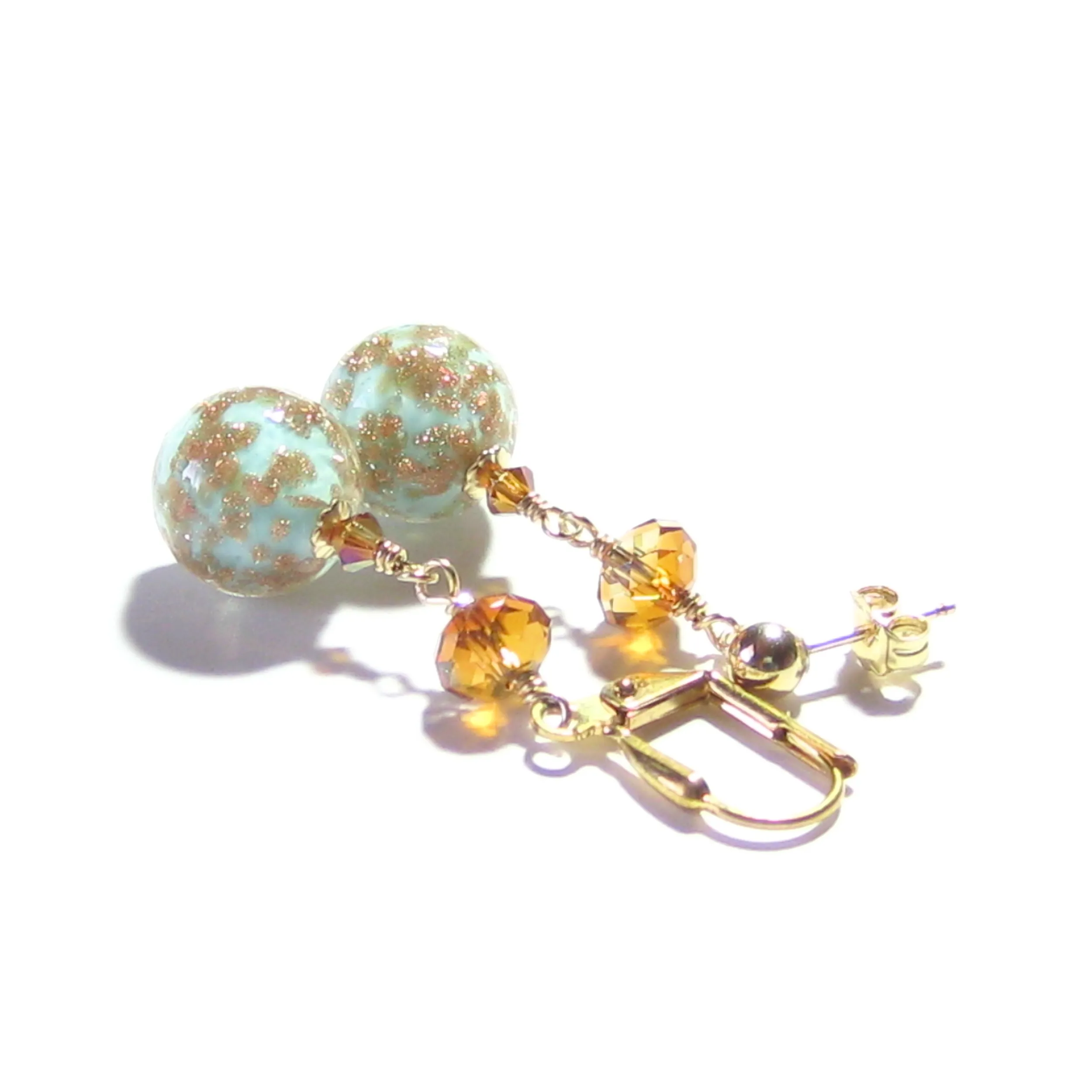 Murano Glass Turquoise Ball Gold Earrings, Venetian Jewelry