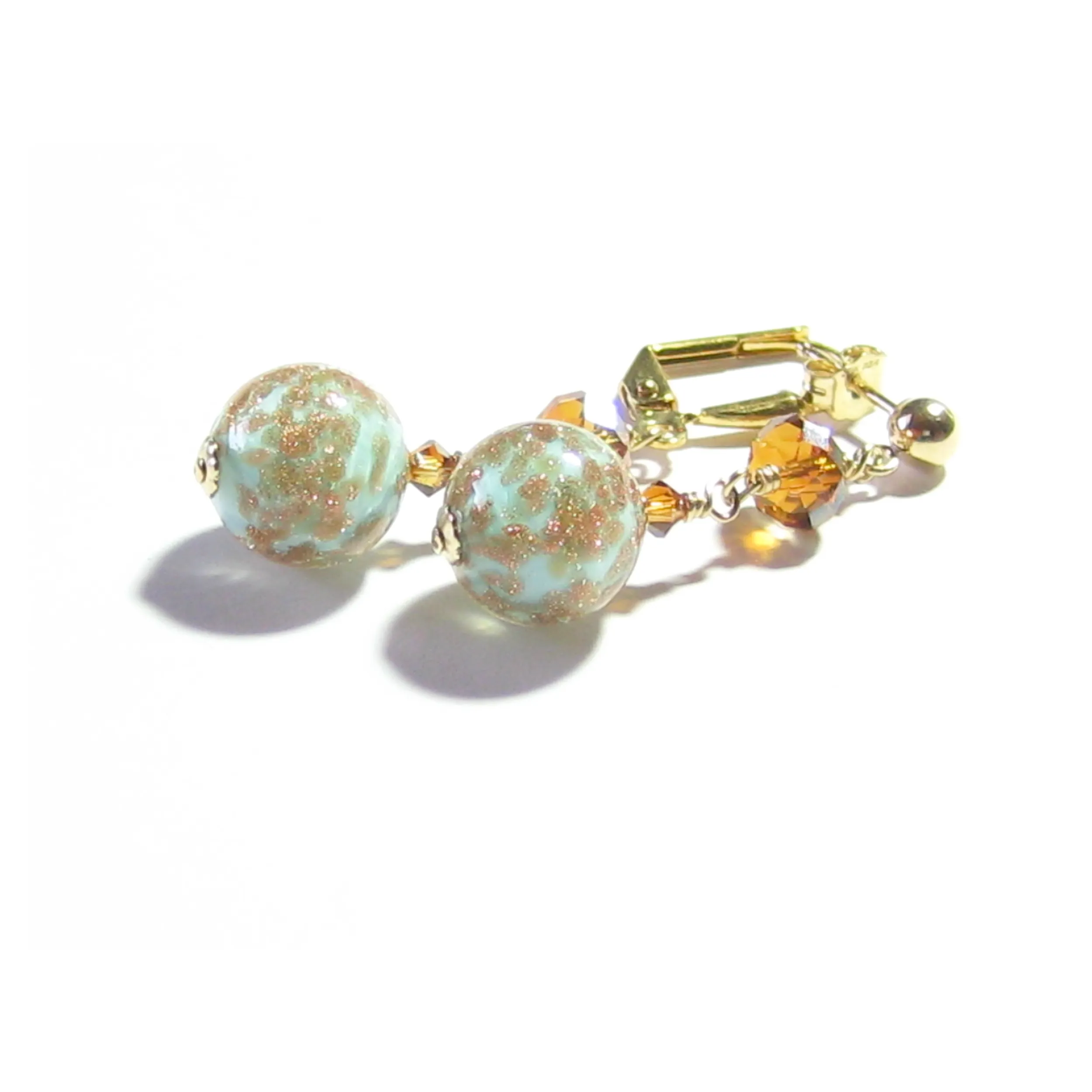 Murano Glass Turquoise Ball Gold Earrings, Venetian Jewelry