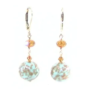 Murano Glass Turquoise Ball Gold Earrings, Venetian Jewelry