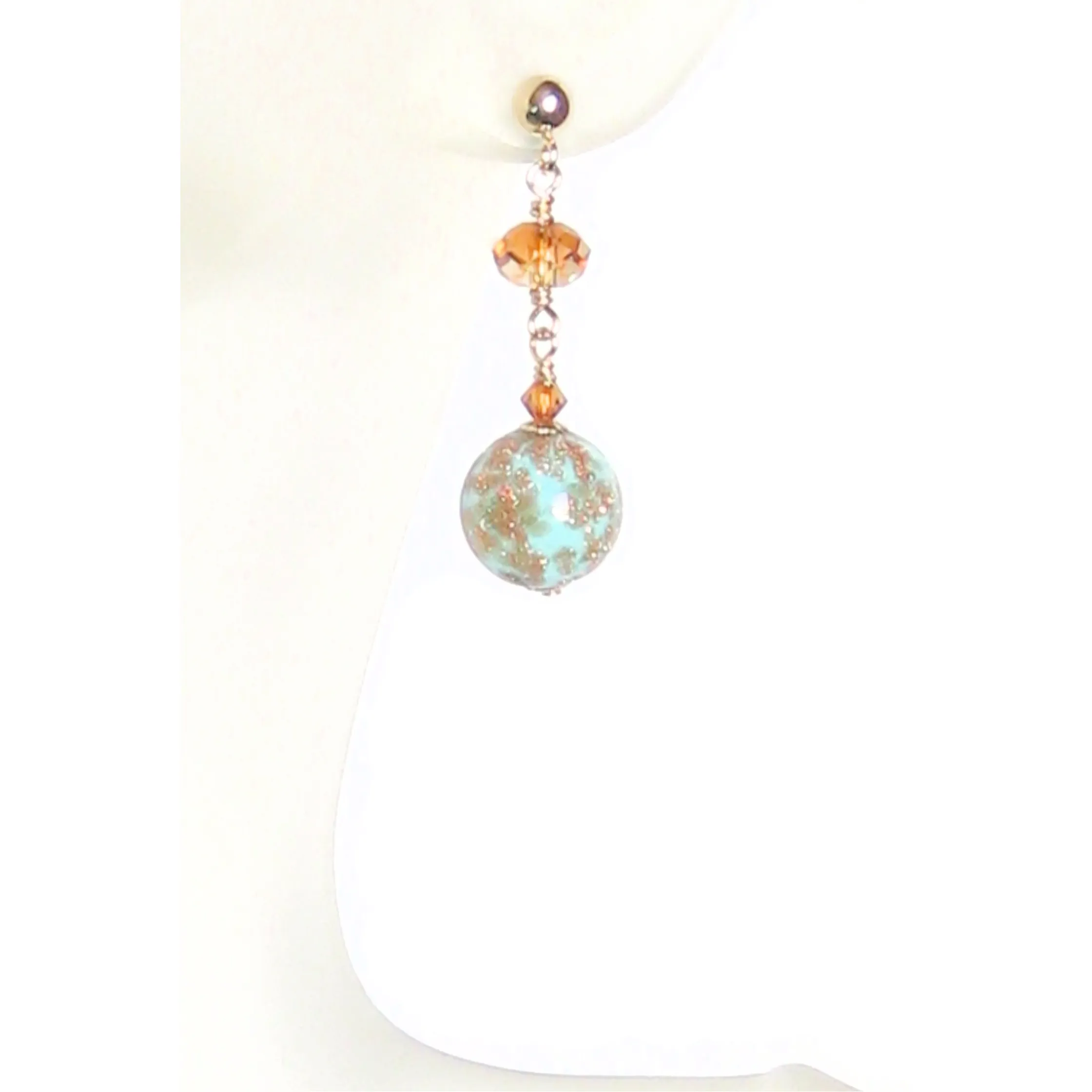 Murano Glass Turquoise Ball Gold Earrings, Venetian Jewelry