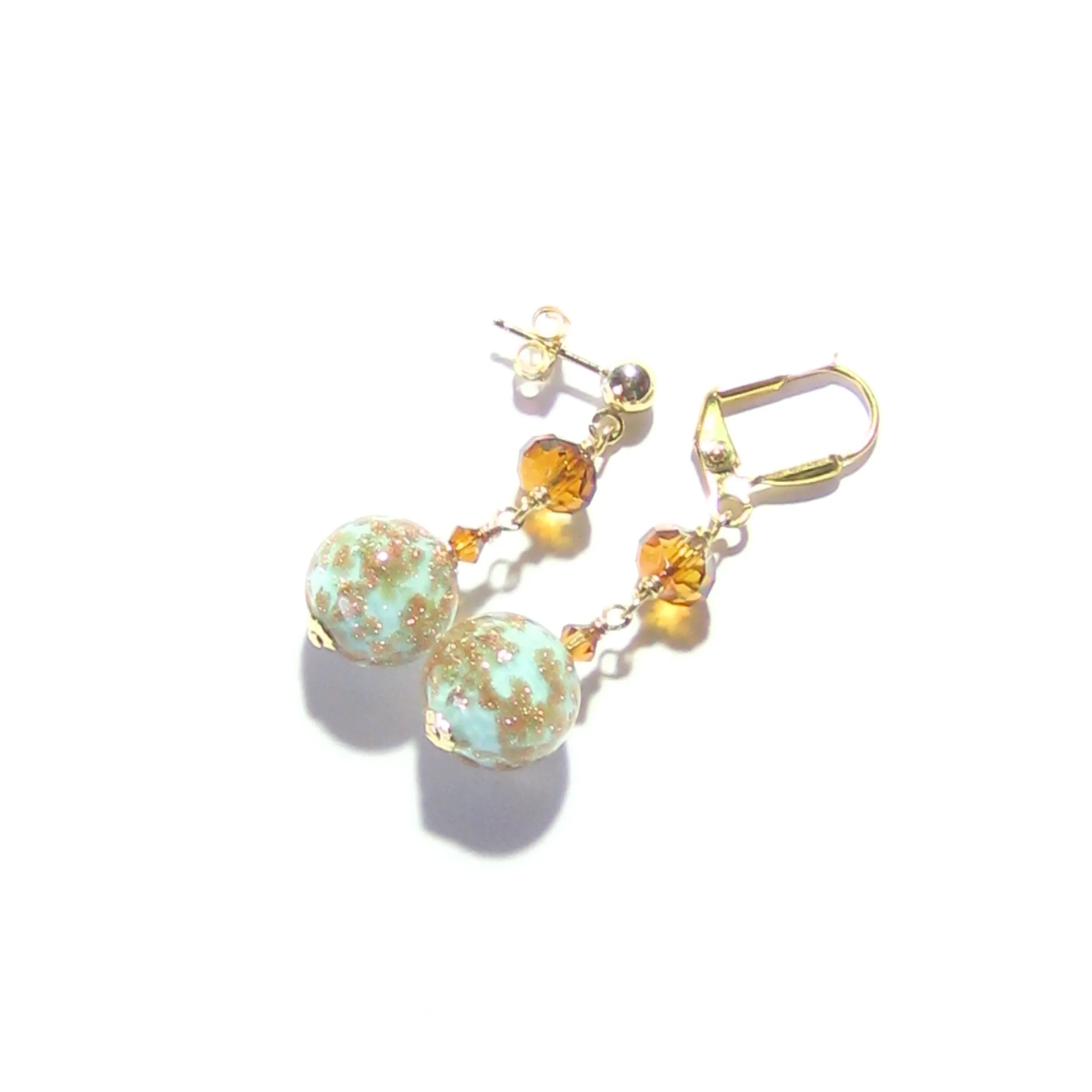 Murano Glass Turquoise Ball Gold Earrings, Venetian Jewelry