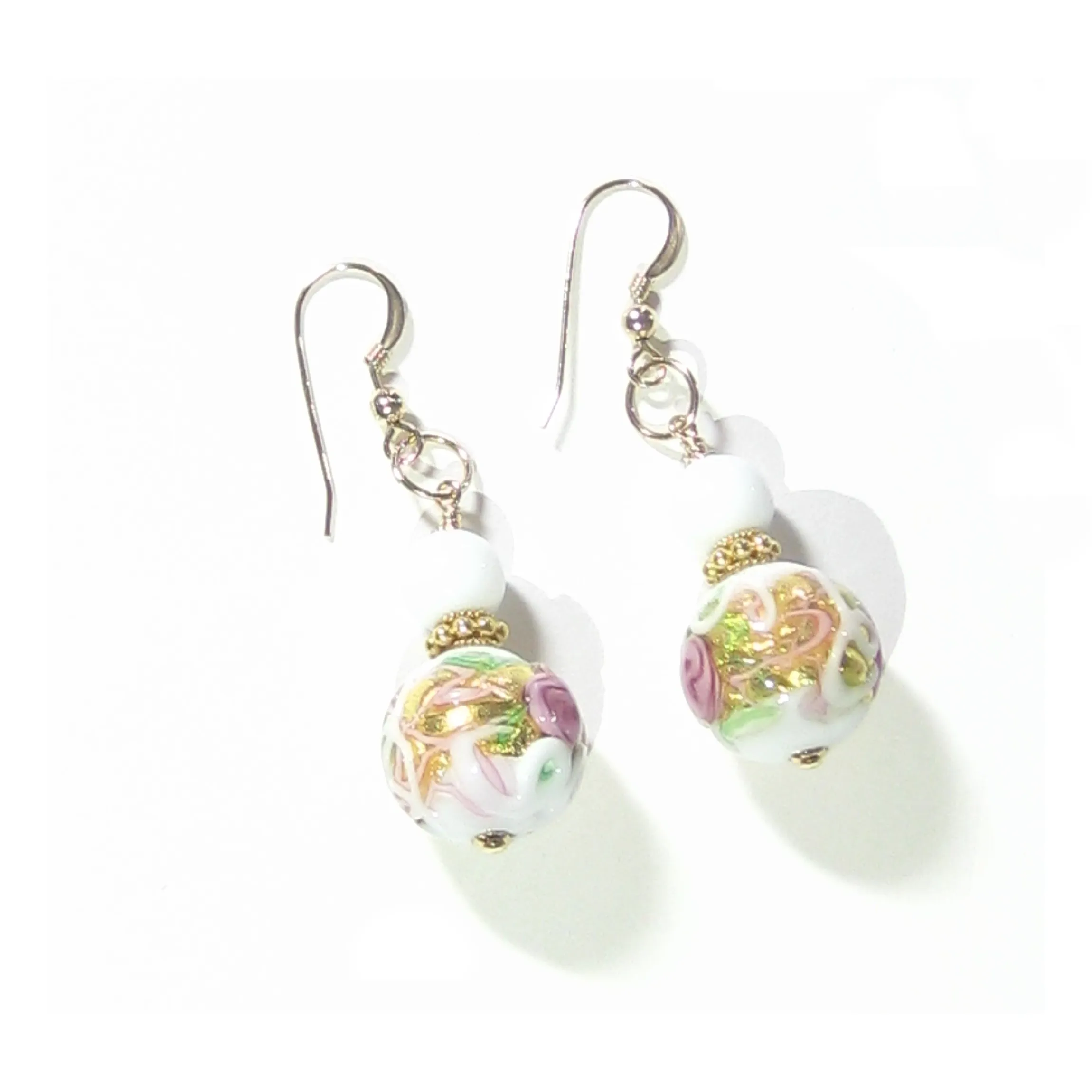 Murano Glass White Wedding Cake Rose Gold Earrings