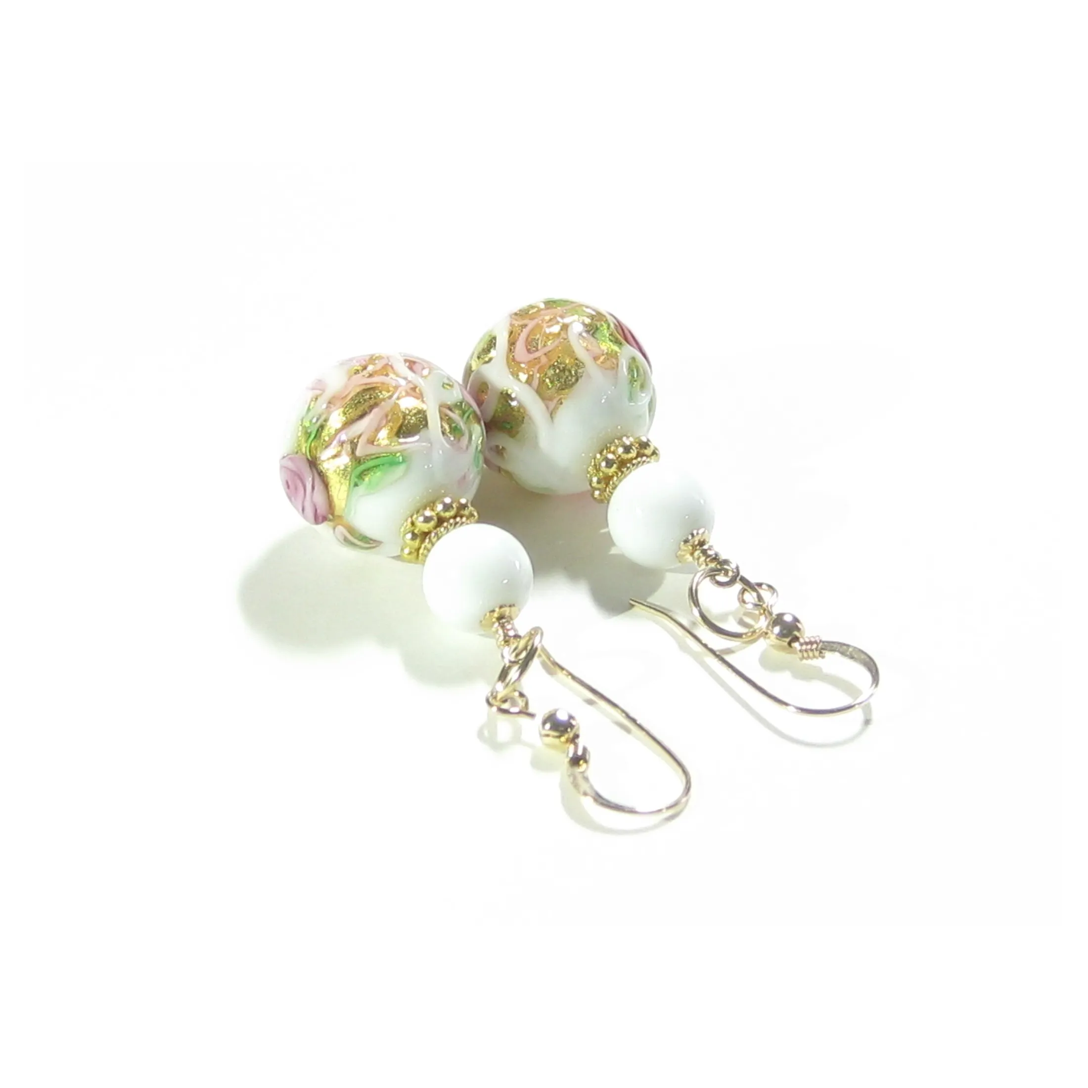 Murano Glass White Wedding Cake Rose Gold Earrings