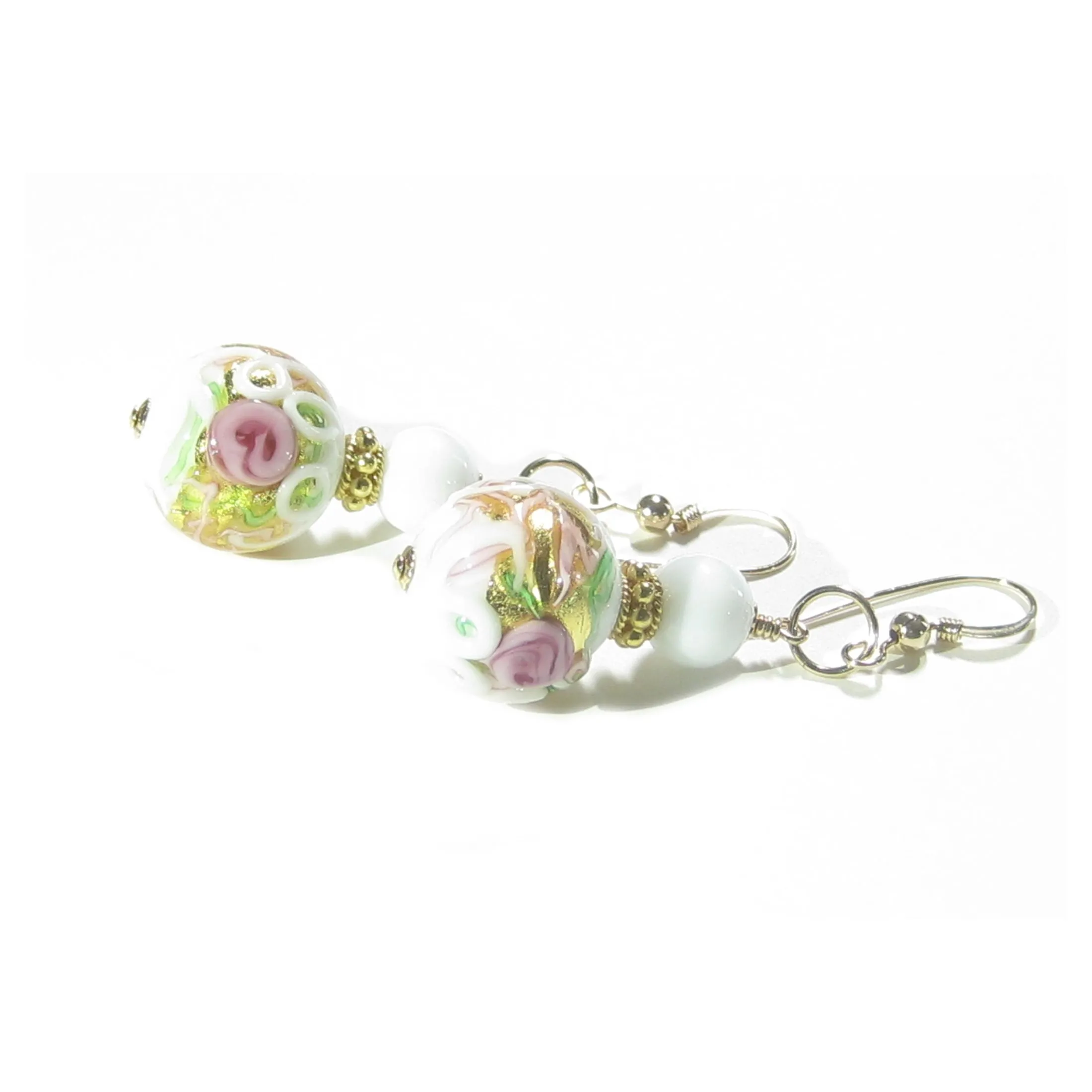 Murano Glass White Wedding Cake Rose Gold Earrings