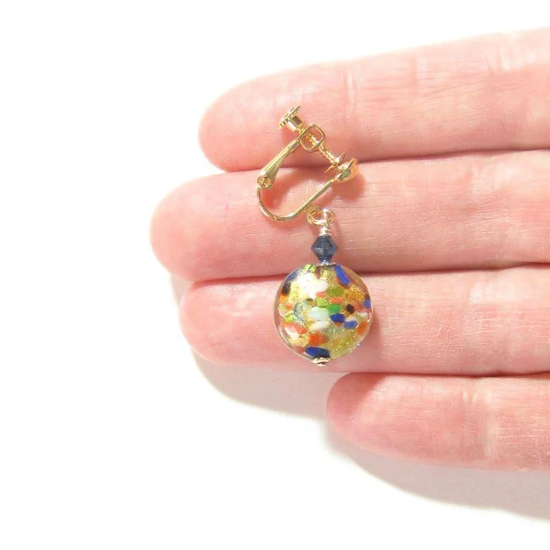 Murano Italian Glass Colorful Klimt Disc Gold Earrings