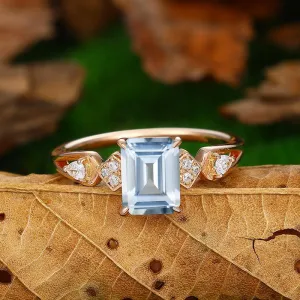 Natural Aquamarine Emerald Cut 14k Gold Half Eternity  Anniversary gift  ring
