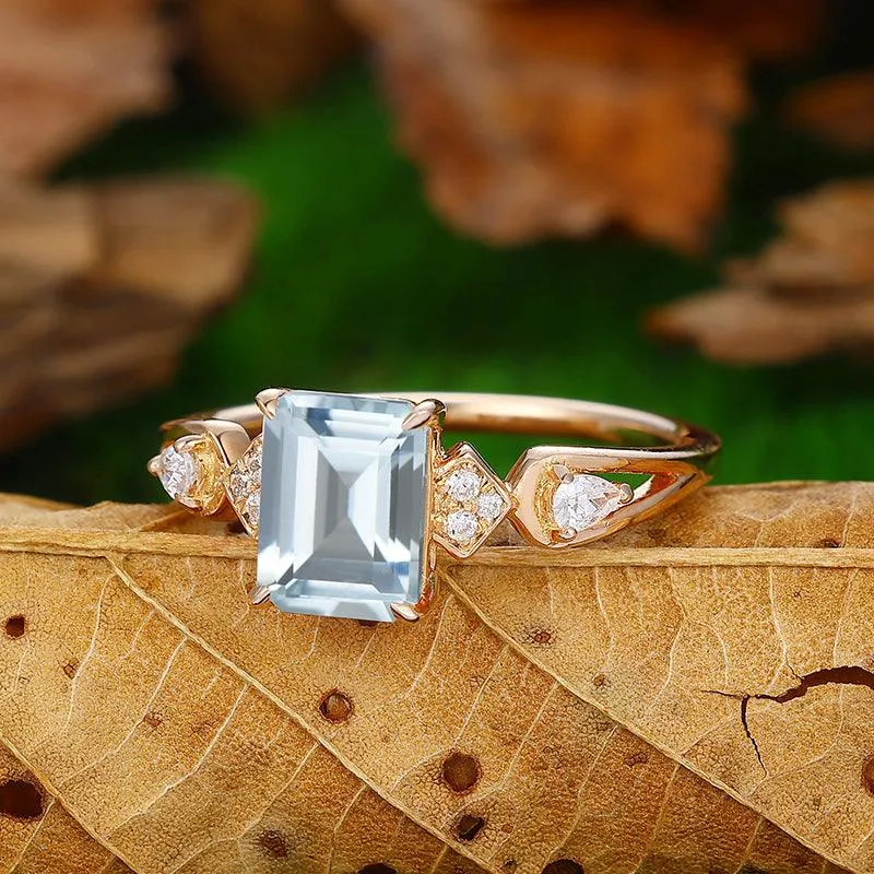 Natural Aquamarine Emerald Cut 14k Gold Half Eternity  Anniversary gift  ring