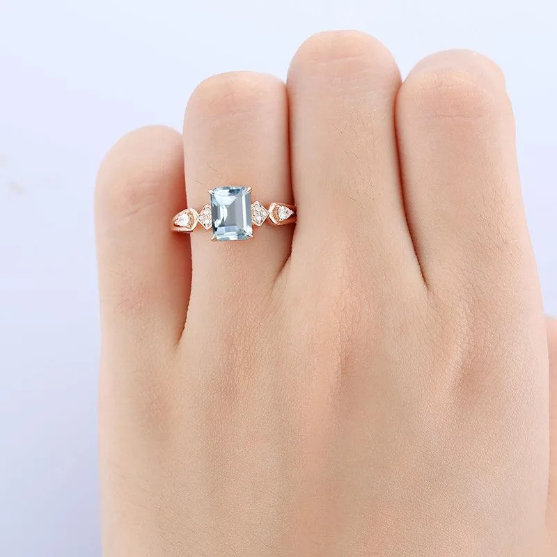 Natural Aquamarine Emerald Cut 14k Gold Half Eternity  Anniversary gift  ring