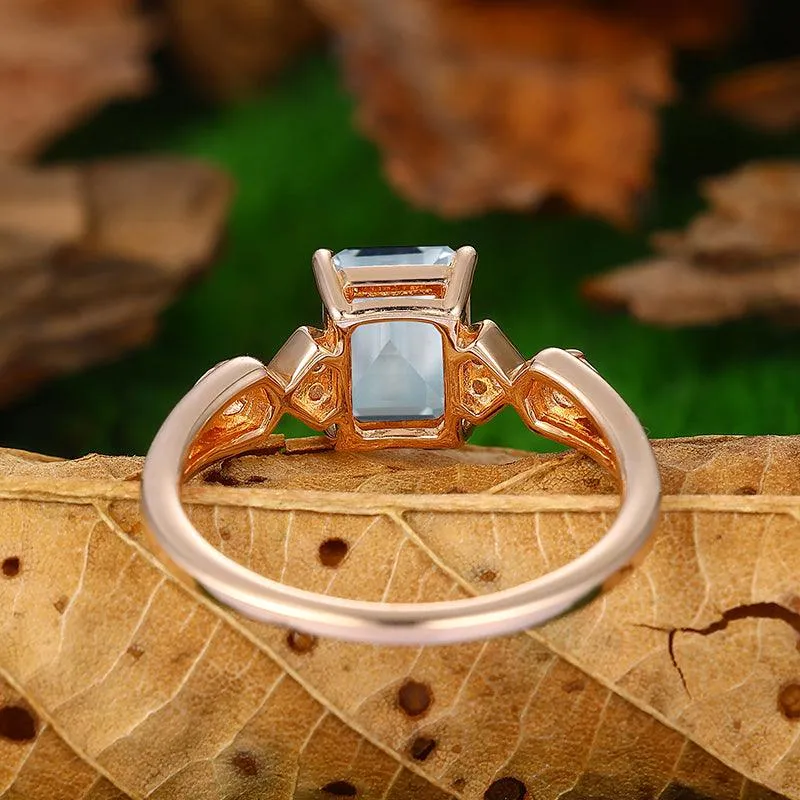 Natural Aquamarine Emerald Cut 14k Gold Half Eternity  Anniversary gift  ring