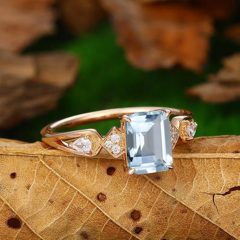 Natural Aquamarine Emerald Cut 14k Gold Half Eternity  Anniversary gift  ring