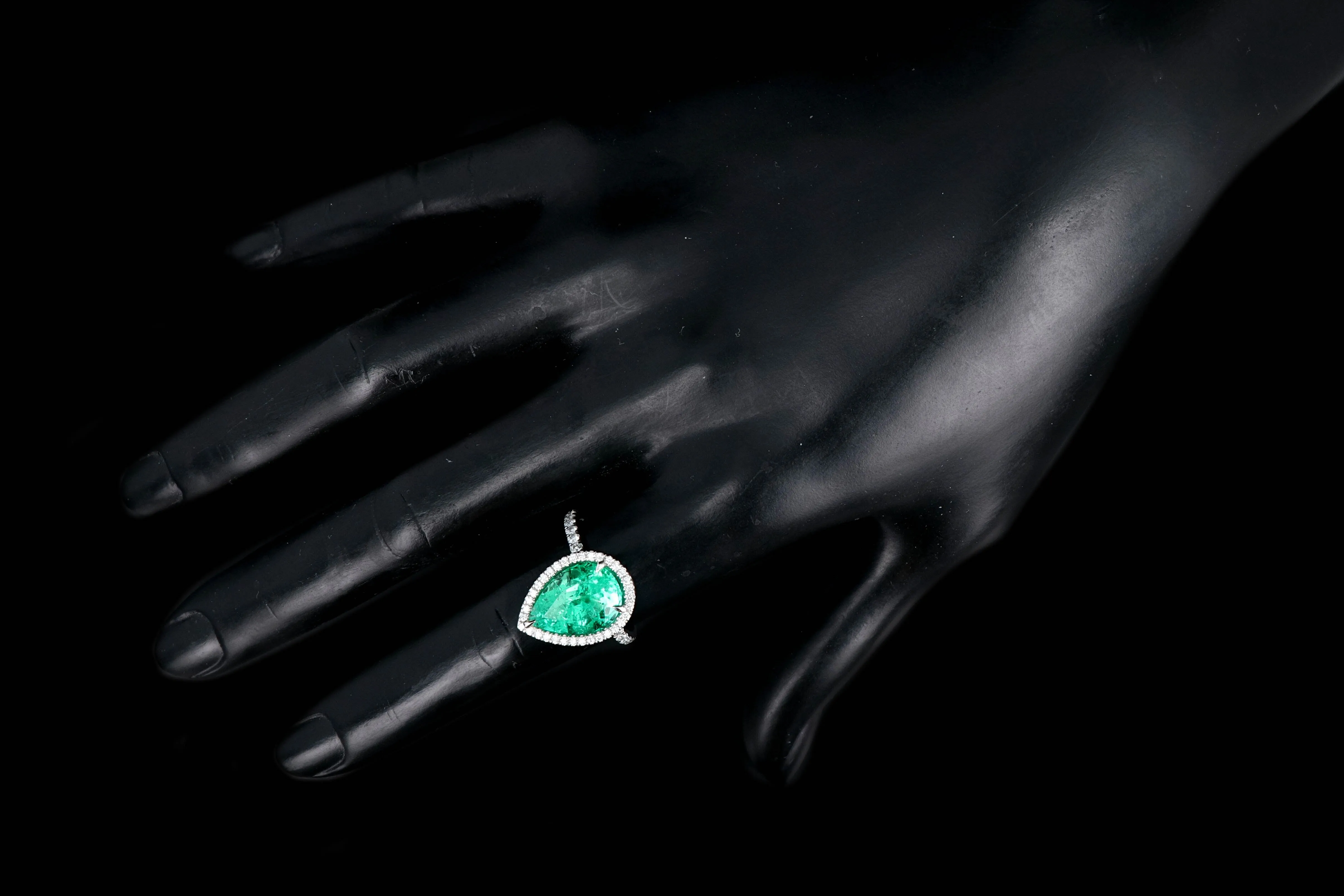 New Platinum 5 Carat Colombian Pear Cut Emerald Diamond Halo Ring