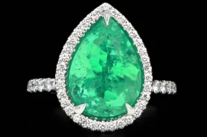 New Platinum 5 Carat Colombian Pear Cut Emerald Diamond Halo Ring