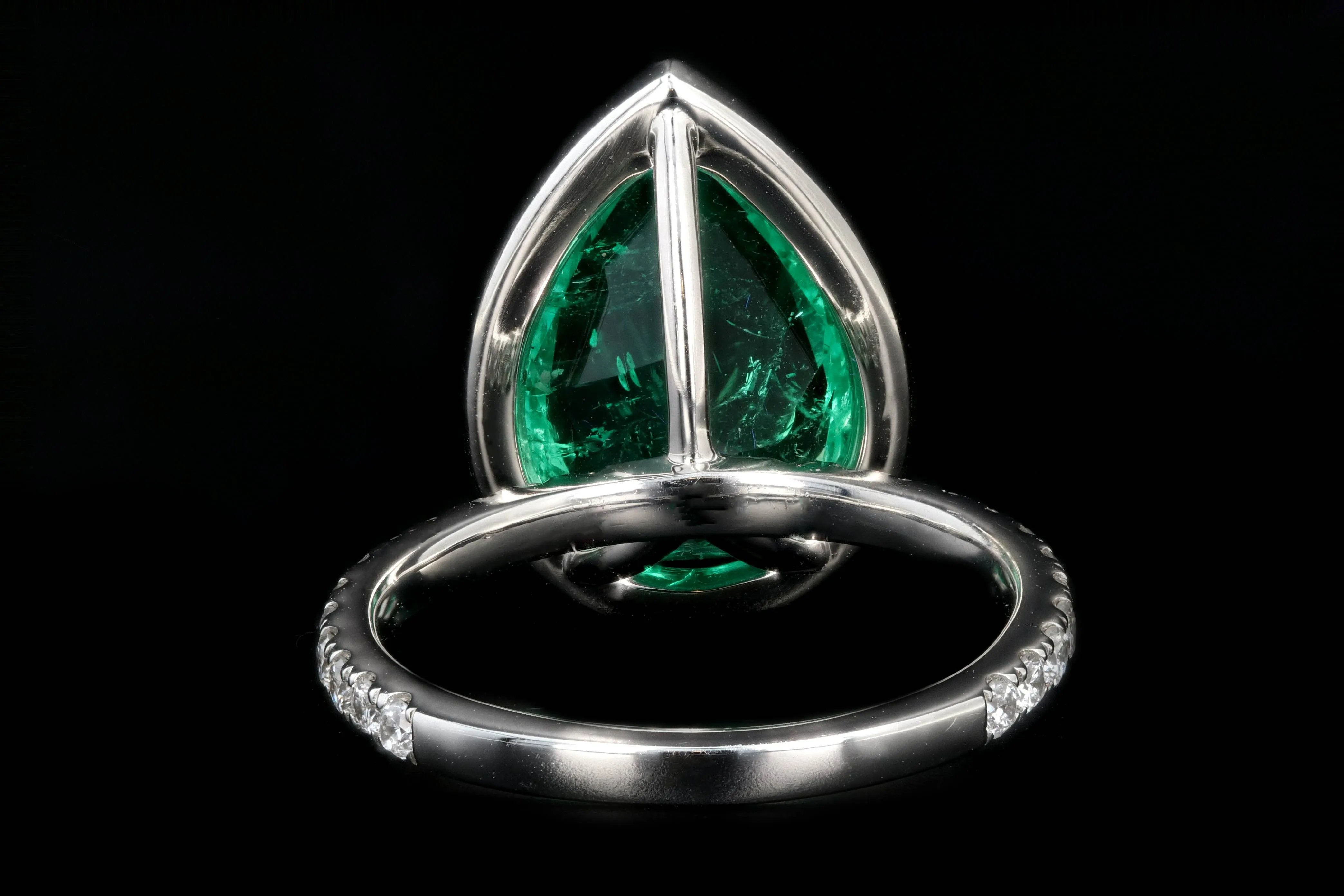 New Platinum 5 Carat Colombian Pear Cut Emerald Diamond Halo Ring