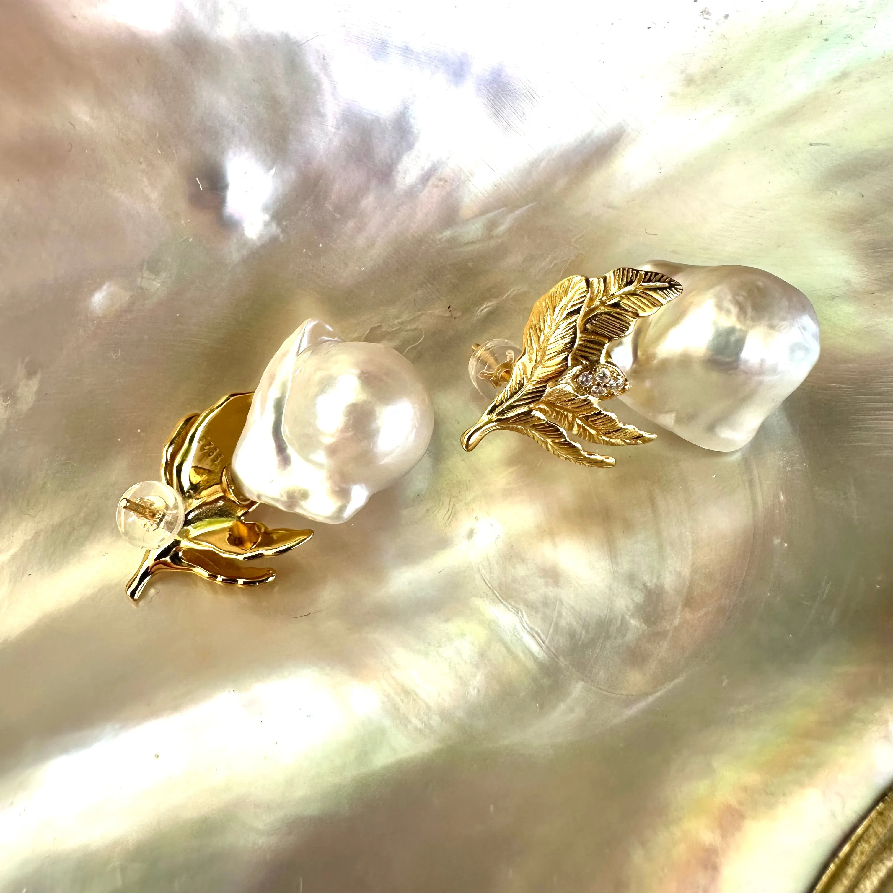 Oak Leaf Design Baroque Pearl Earrings