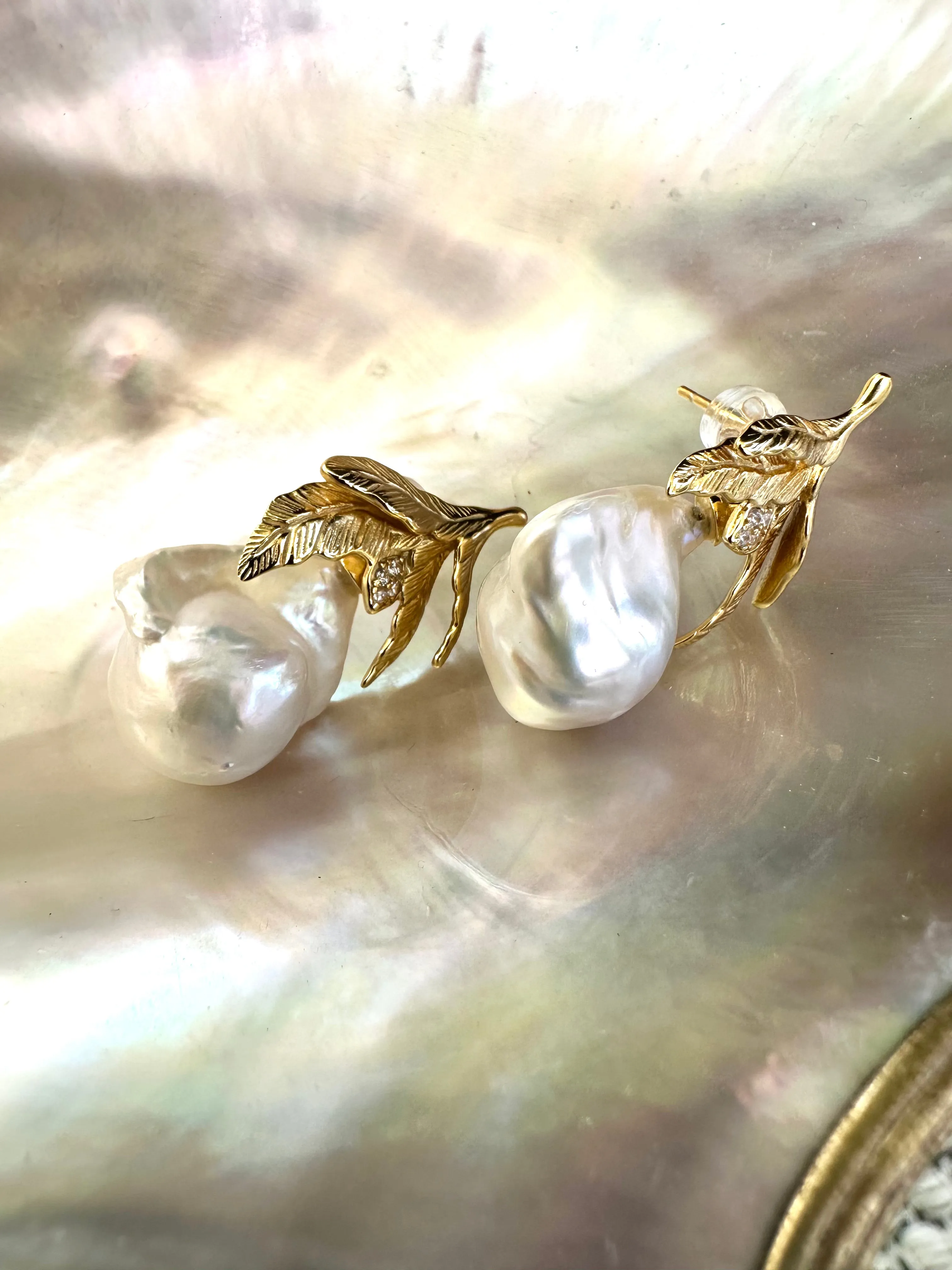 Oak Leaf Design Baroque Pearl Earrings